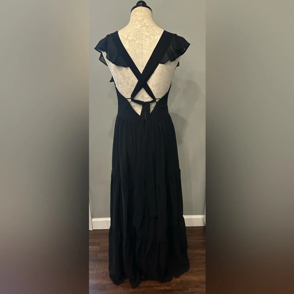 Lulus Charming Success Black Tiered Lace-Up Backless Maxi Dress Size L - Picture 7 of 11